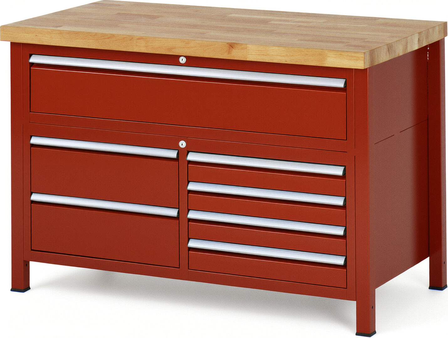 Werkbank Modell 8921 rot, BxTxH 1250x700x840 mm,  Buche-Massiv Arbeitsplatte 40 mm,  7 Schubladen mit  Vollauszug 100 % und  SoftClosing