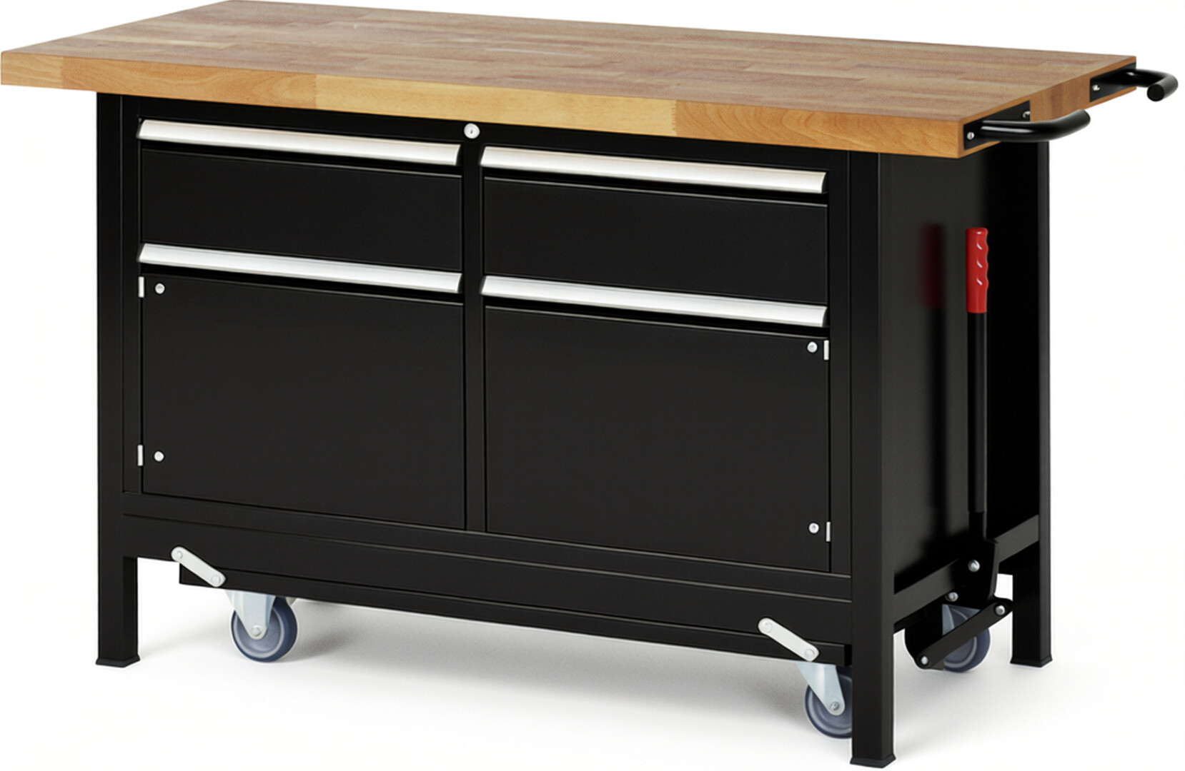 Absenkbare Werkbank Modell 8466 schwarz, BxTxH 1500x700x880 mm,  Buche-Massiv Arbeitsplatte 40 mm,  2 Schubladen mit  Vollauszug 100 % und  SoftClosing