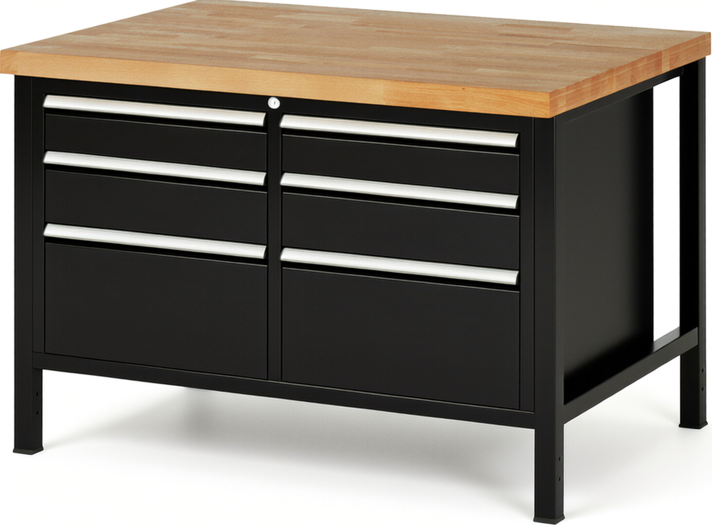 Werkbank Modell 8475 schwarz, BxTxH 1250x900x840-1040 mm,  Buche-Massiv Arbeitsplatte 40 mm,  6 Schubladen mit  Auszug 90 %