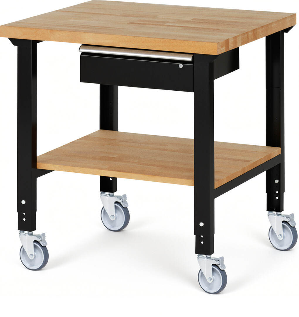 RAU Werkbank schwarz - Breite 100 cm - Tiefe 90 cm - Höhe 100 cm - Buche-Massiv Arbeitsplatte 40 mm