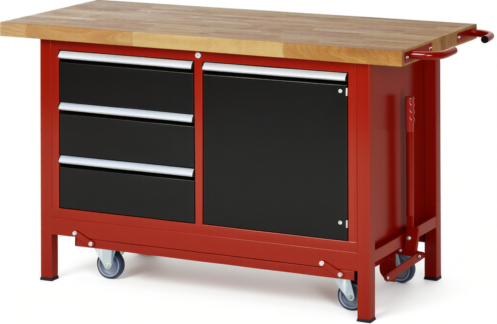 RAU Werkbank rot - schwarz - Breite 150 cm - Tiefe 70 cm - Höhe 88 cm - Buche-Massiv Arbeitsplatte 40 mm