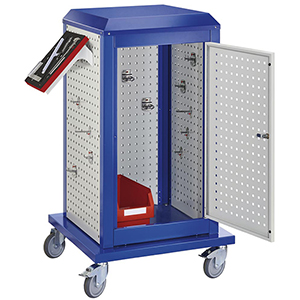 Tool-Tower klein, BxTxH 700x700x1260 mm, mobil, 3 Lochplatten, 1 Boden, 1 Tür, RAL 5010/7035