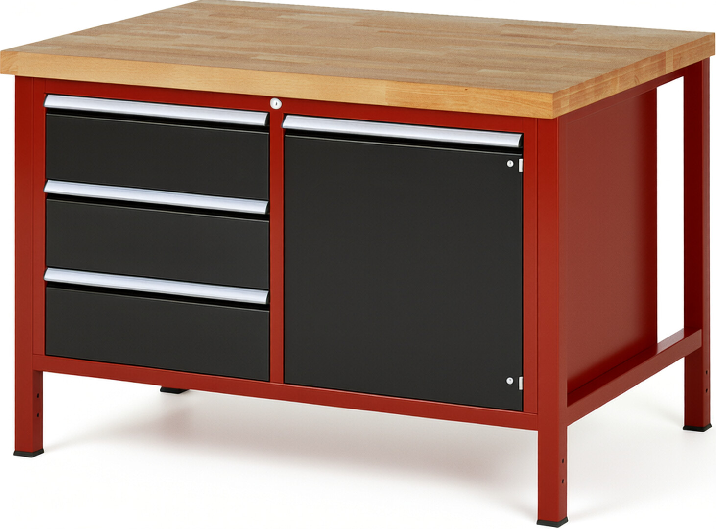 Werkbank Modell 8468 rot - schwarz, BxTxH 1250x900x840-1040 mm,  Buche-Massiv Arbeitsplatte 40 mm,  3 Schubladen mit  Auszug 90 %