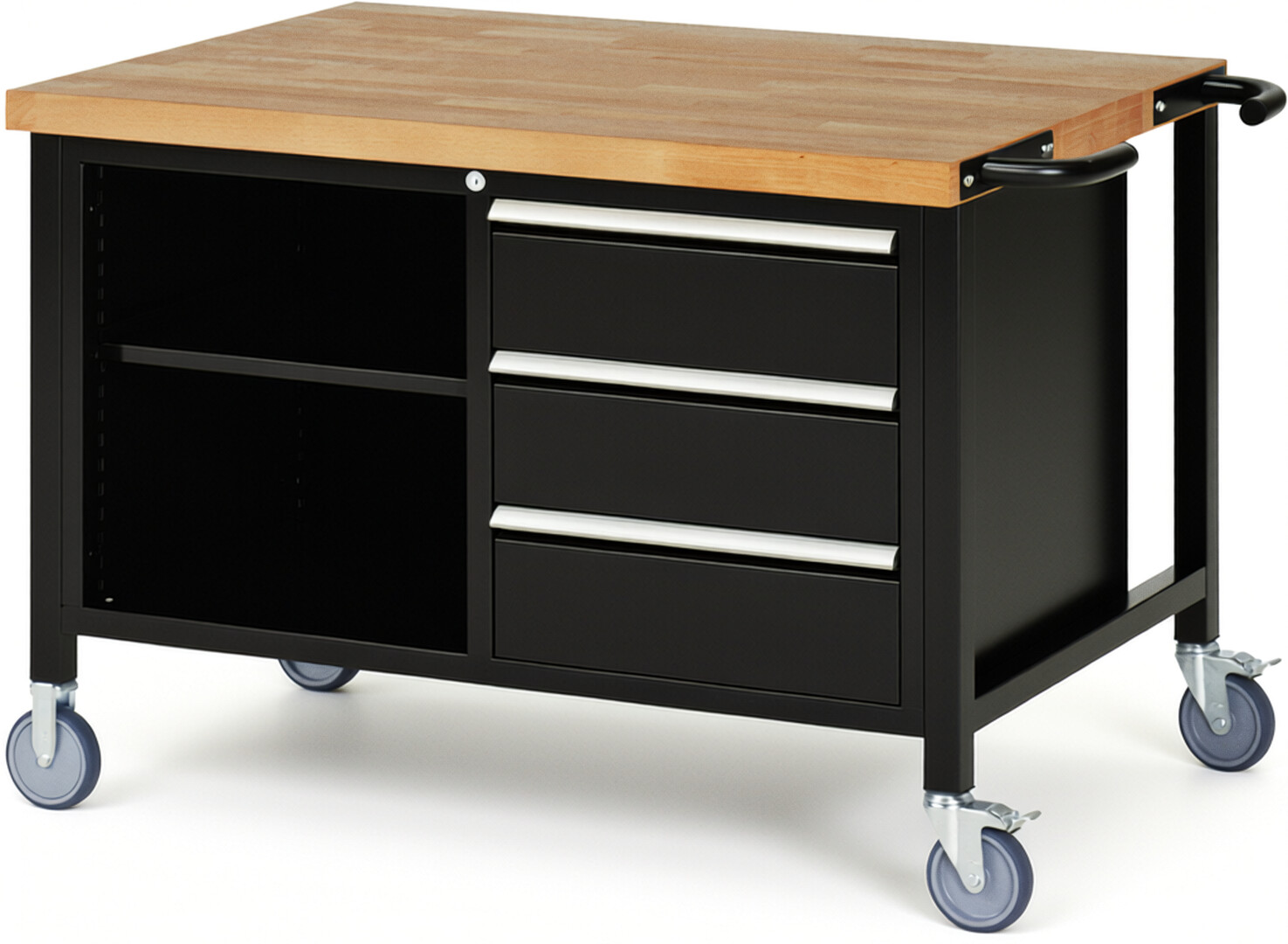 RAU Werkbank schwarz - Breite 125 cm - Tiefe 90 cm - Höhe 108 cm - Buche-Massiv Arbeitsplatte 40 mm