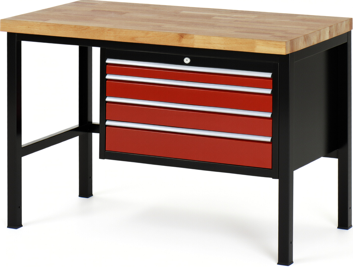 RAU Werkbank schwarz - rot - Breite 125 cm - Tiefe 70 cm - Höhe 104 cm - Buche-Massiv Arbeitsplatte 40 mm