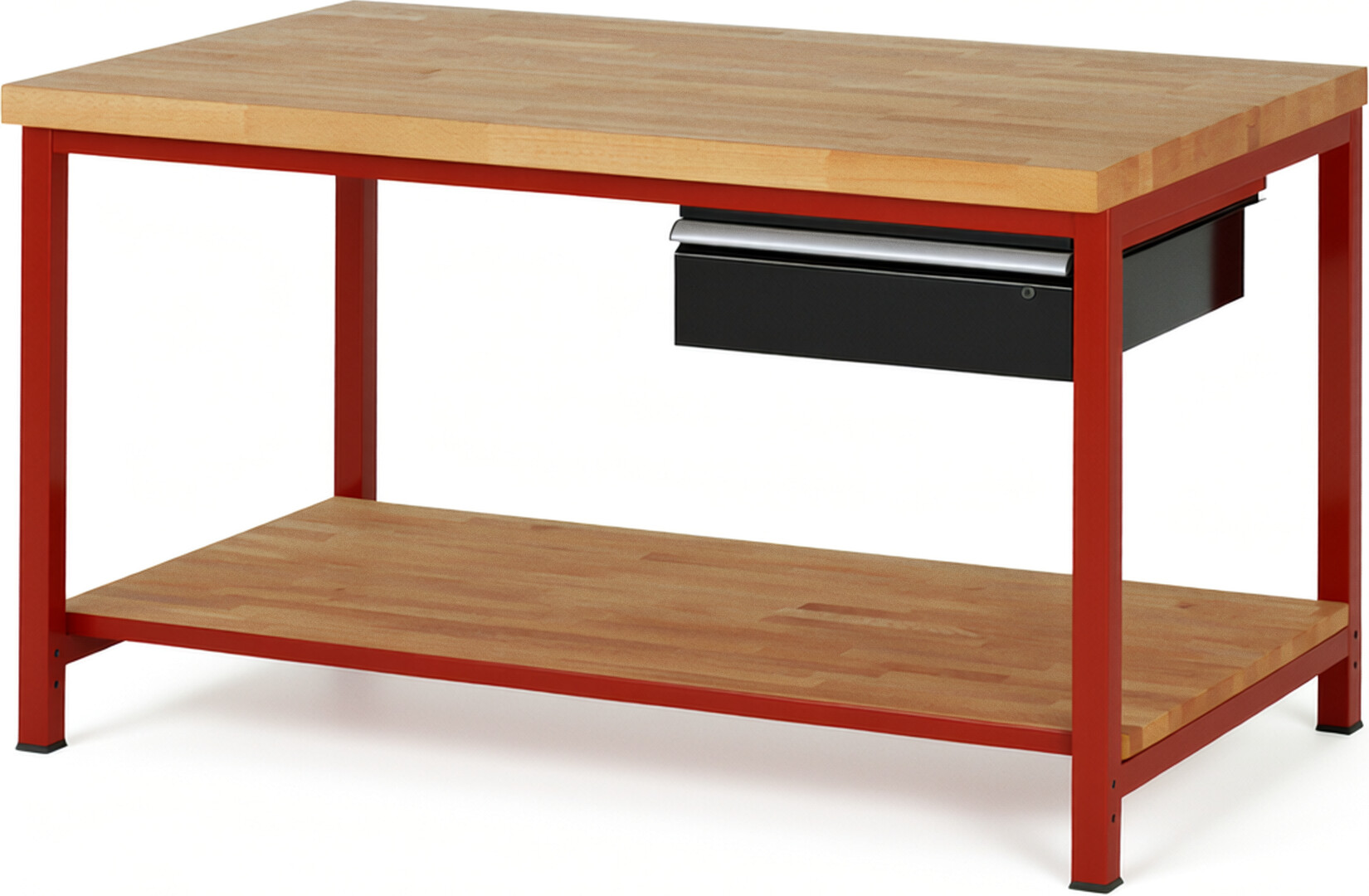 Werkbank Modell 8001 rot - schwarz, BxTxH 1500x900x840-1040 mm,  Buche-Massiv Arbeitsplatte 40 mm,  1 Schublade mit  Auszug 90 %