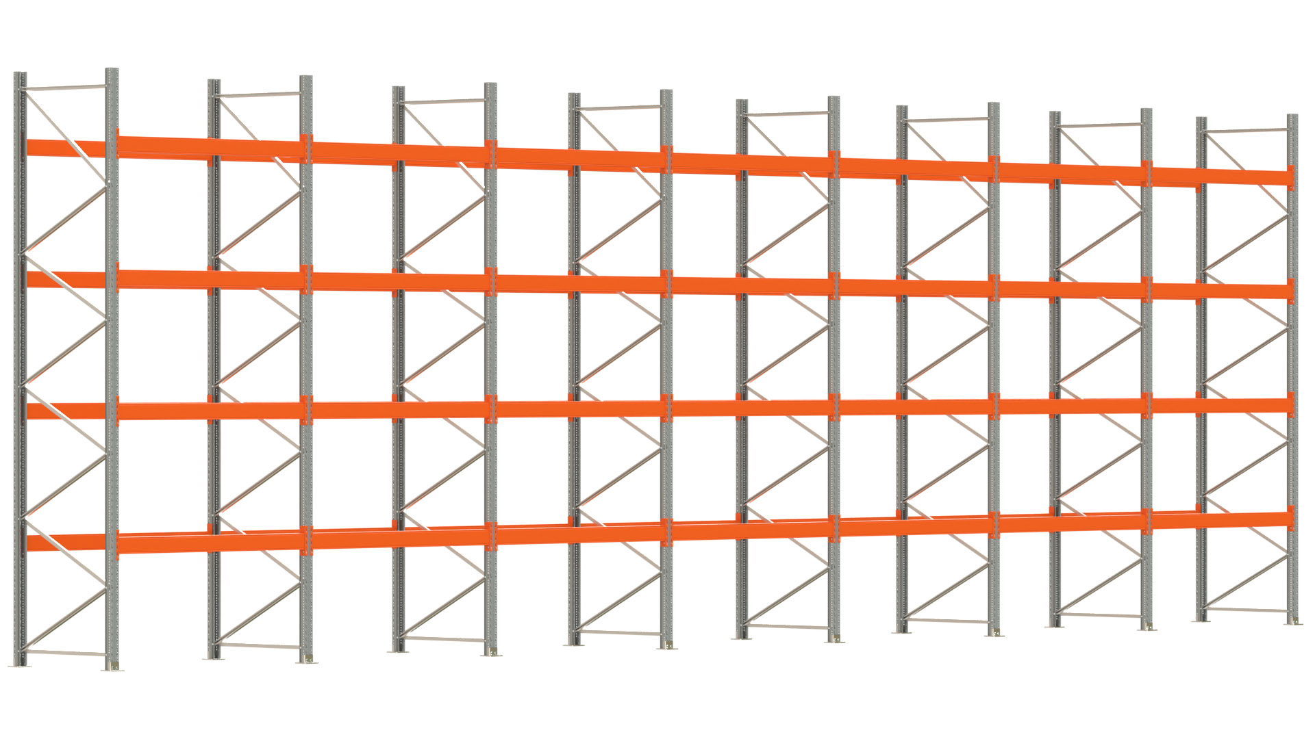 Palettenregal ARTUS - Breite 1398 cm - Höhe 450 cm - Tiefe 110 cm - 4 Träger-Ebenen - max. Fachlast 3000 kg - 70 Palettenstellplätze