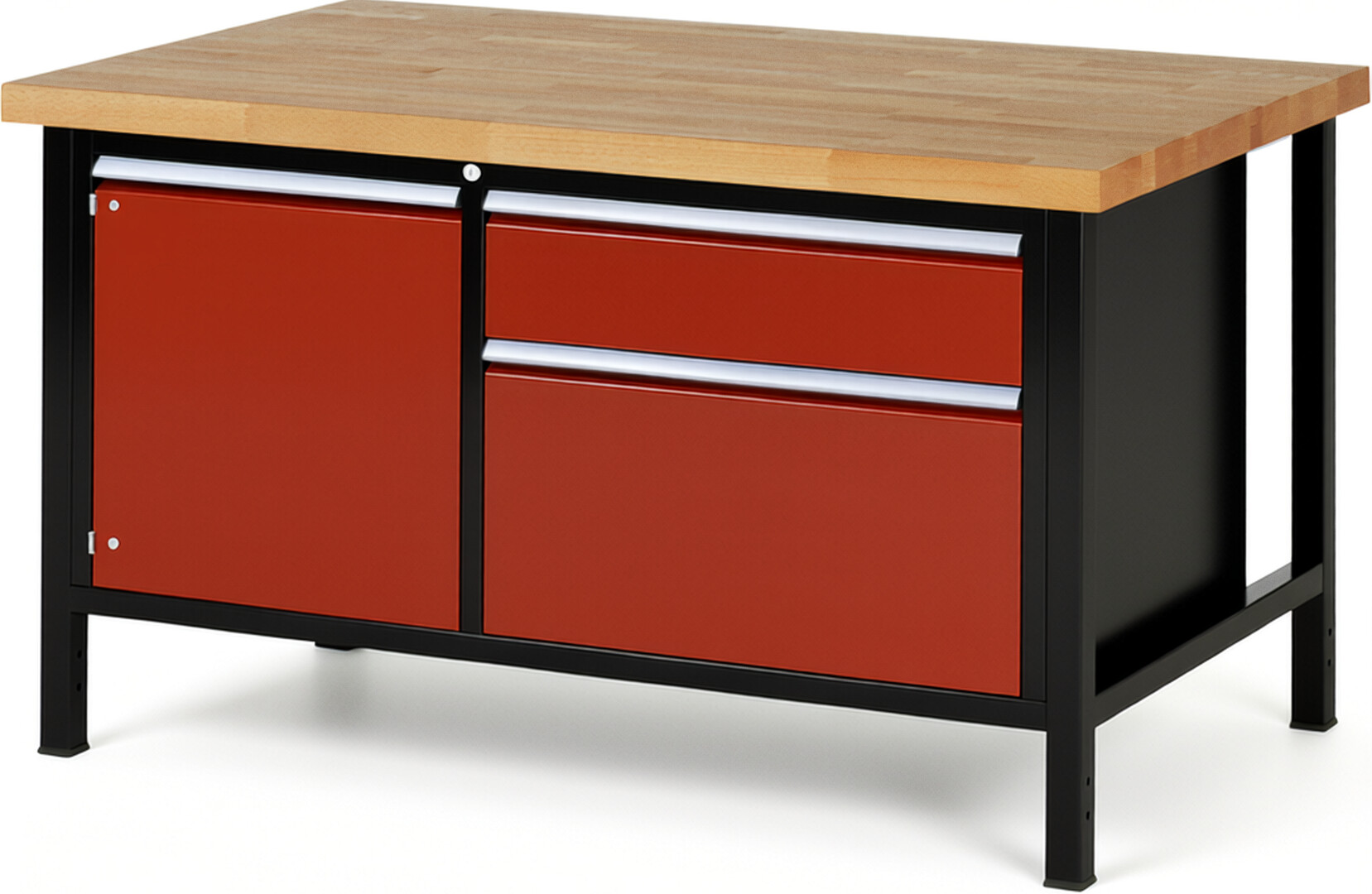 RAU Werkbank schwarz - rot - Breite 150 cm - Tiefe 90 cm - Höhe 104 cm - Buche-Massiv Arbeitsplatte 40 mm