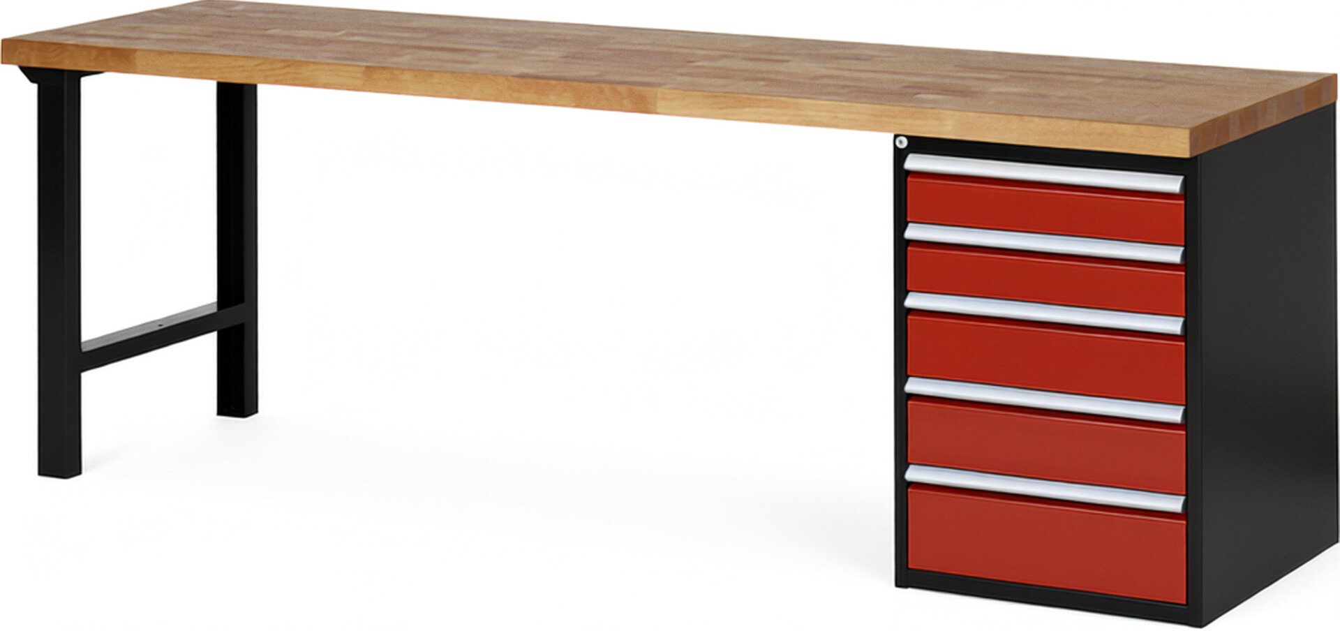 RAU Werkbank schwarz - rot - Breite 250 cm - Tiefe 70 cm - Höhe 84 cm - Buche-Massiv Arbeitsplatte 40 mm