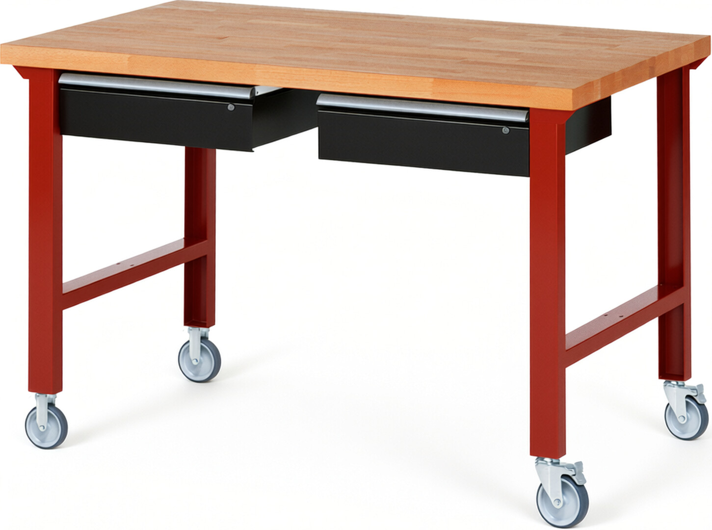 RAU Werkbank rot - schwarz - Breite 150 cm - Tiefe 90 cm - Höhe 100 cm - Buche-Massiv Arbeitsplatte 40 mm