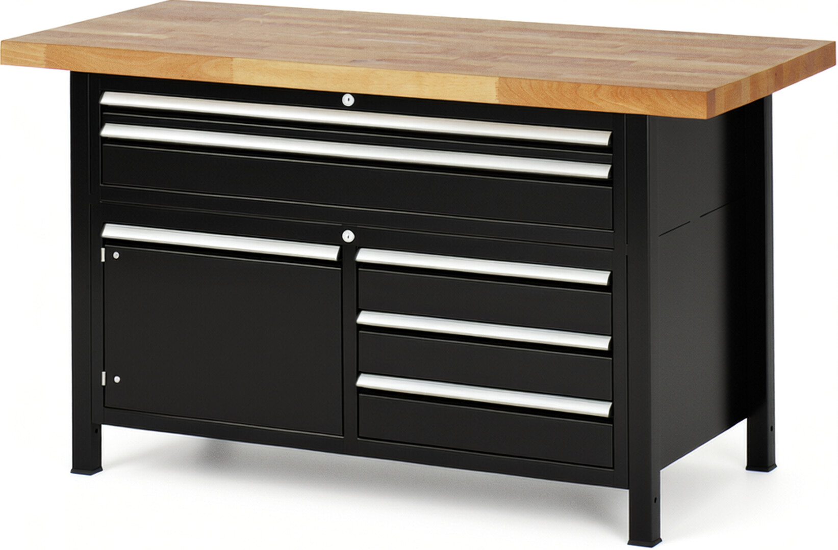 RAU Werkbank schwarz - Breite 150 cm - Tiefe 70 cm - Höhe 84 cm - Buche-Massiv Arbeitsplatte 40 mm