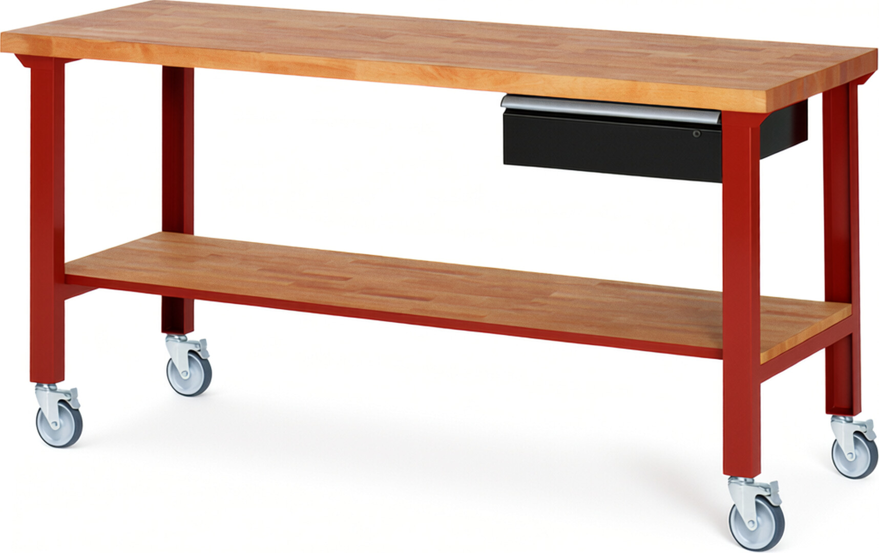 Fahrbare Werkbank Modell 7001 rot - schwarz, BxTxH 2000x700x1000 mm,  Buche-Massiv Arbeitsplatte 40 mm,  1 Schublade mit  Auszug 90 %