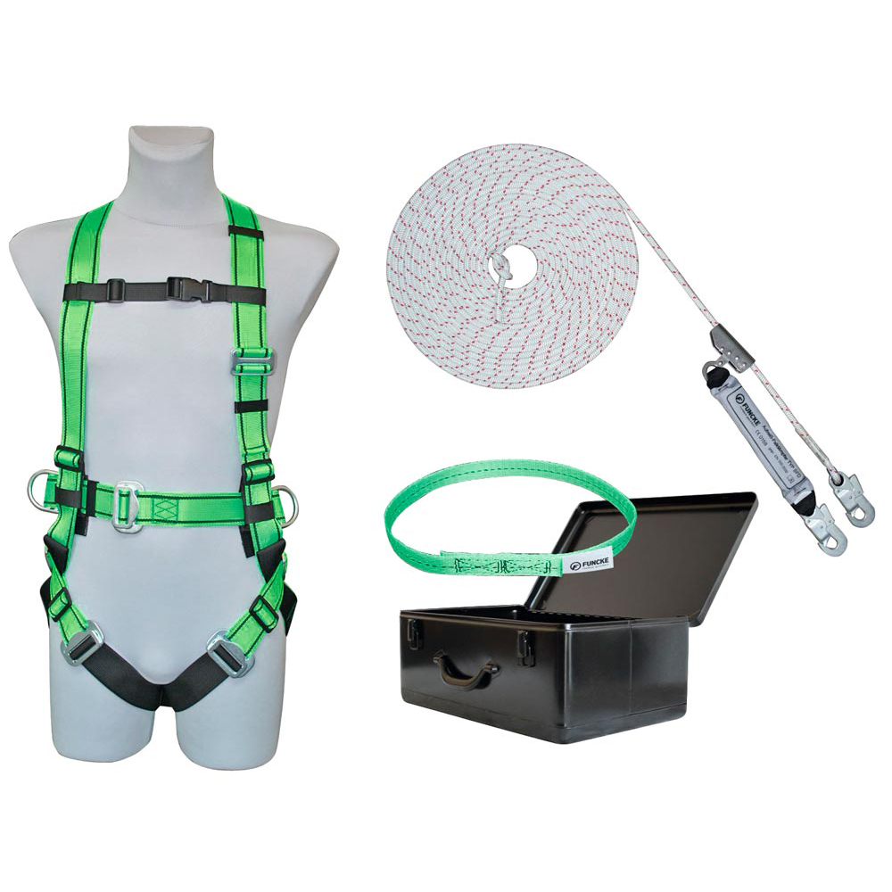 Auffangset bestehend aus: Auffanggurt, mitlaufende Aufanggerät Seillänge 15 m, Bandfalldämpfer, Bandfallschlinge und Blechkoffer