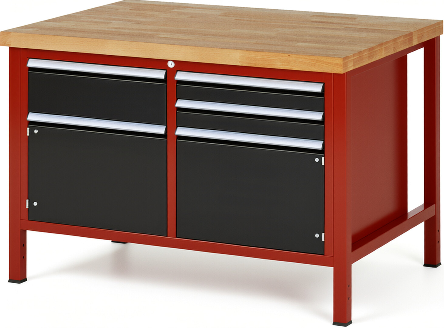 RAU Werkbank rot - schwarz - Breite 125 cm - Tiefe 90 cm - Höhe 104 cm - Buche-Massiv Arbeitsplatte 40 mm