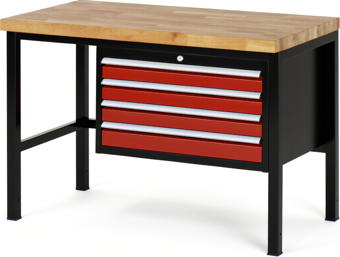 RAU Werkbank schwarz - rot - Breite 125 cm - Tiefe 70 cm - Höhe 104 cm - Buche-Massiv Arbeitsplatte 40 mm