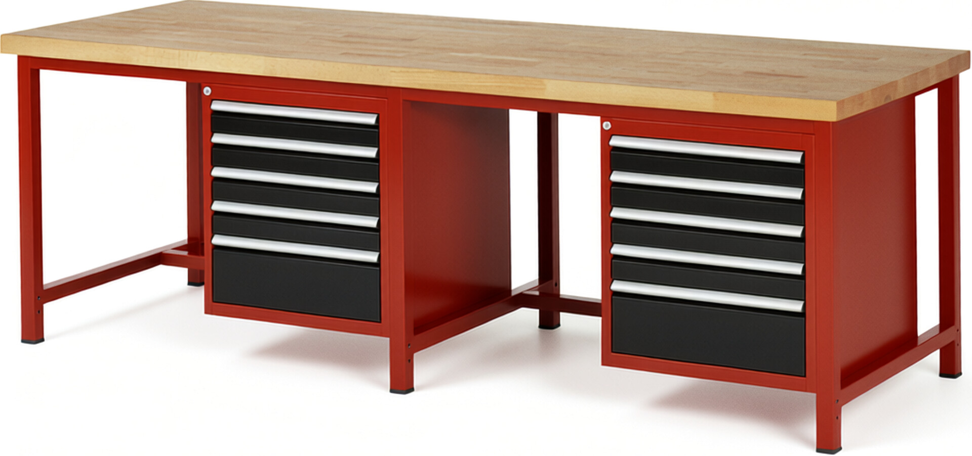 Werkbank Modell 8168 rot - schwarz, BxTxH 2500x900x840-1040 mm,  Buche-Massiv Arbeitsplatte 40 mm,  10 Schubladen mit  Vollauszug 100 % und  SoftClosing