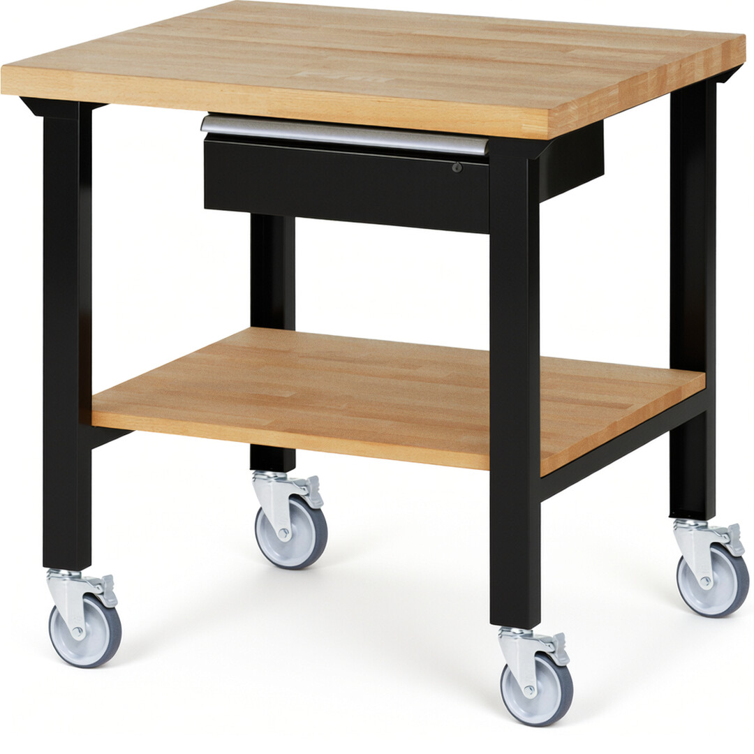 RAU Werkbank schwarz - Breite 100 cm - Tiefe 90 cm - Höhe 100 cm - Buche-Massiv Arbeitsplatte 40 mm