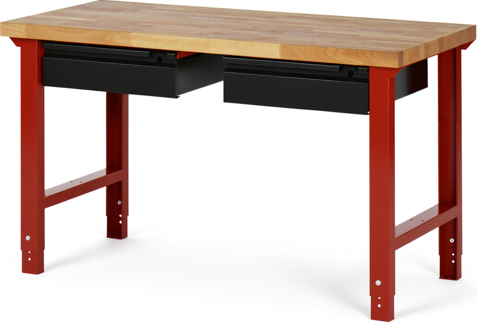 Werkbank - Modell 7002 BASIC rot - schwarz, BxTxH 1500x700x790-1140 mm,  Buche-Massiv Arbeitsplatte 40 mm,  2 Schubladen mit  Auszug 90 %