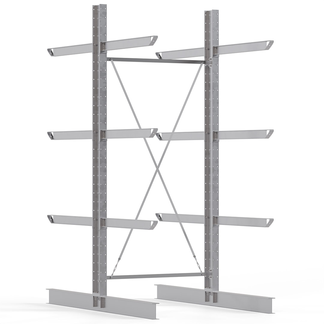 Kragarmregal KARL heavy - feuerverzinkt - Breite: 150 cm - Höhe: 350 cm - Tiefe: 120 cm - Traglast je Kragarm: 800 kg - beidseitig