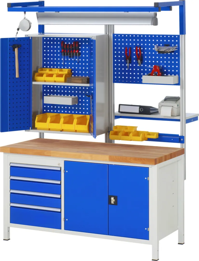 Werkbank Modell 8904 schwarz-rot, BxTxH 1500x900x840-1040 mm,  Buche-Massiv Arbeitsplatte 40 mm,  3 Schubladen mit  Auszug 90 %