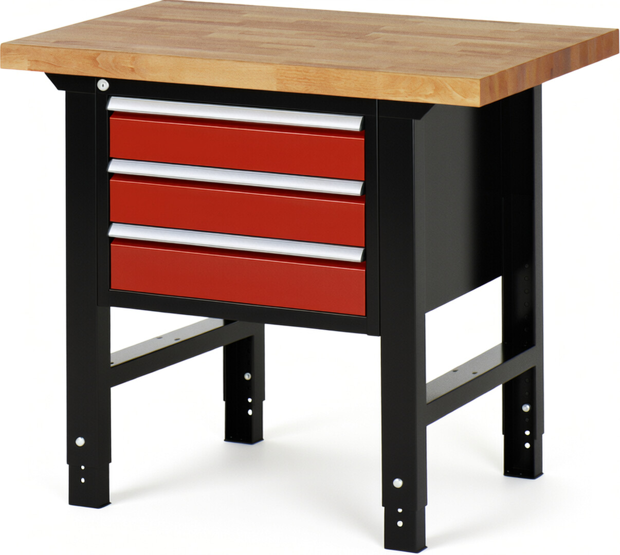 RAU Werkbank schwarz - rot - Breite 100 cm - Tiefe 70 cm - Höhe 114 cm - Buche-Massiv Arbeitsplatte 40 mm