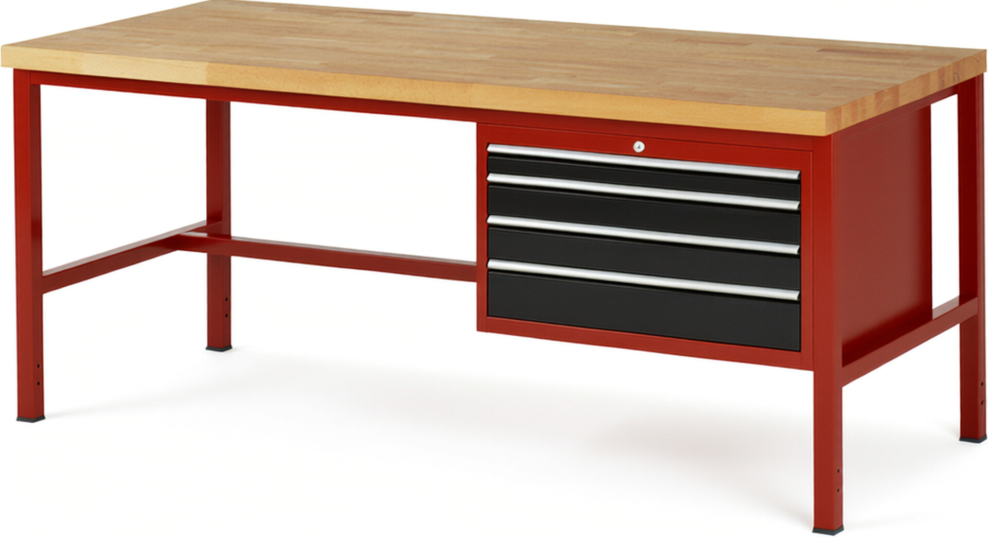Werkbank Modell 8232 rot - schwarz, BxTxH 2000x900x840-1040 mm,  Buche-Massiv Arbeitsplatte 40 mm,  4 Schubladen mit  Auszug 90 %