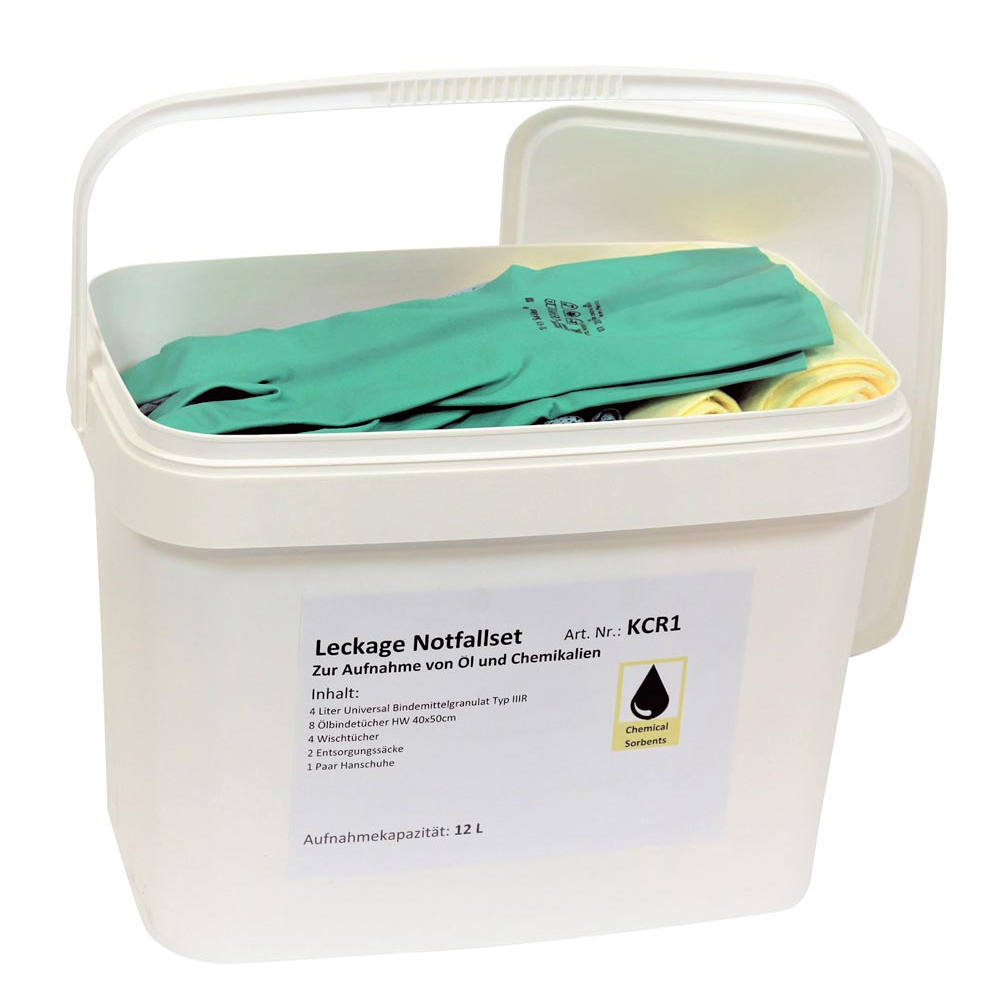 Tragbares Notfallset, Inhalt: 5 l feines Granulat Typ IIIR, 8 Chemikalientücher(gelb), 4 Wischtücher, 2 Säcke, 1 Paar Handschuhe, Auffangvol. 12 l