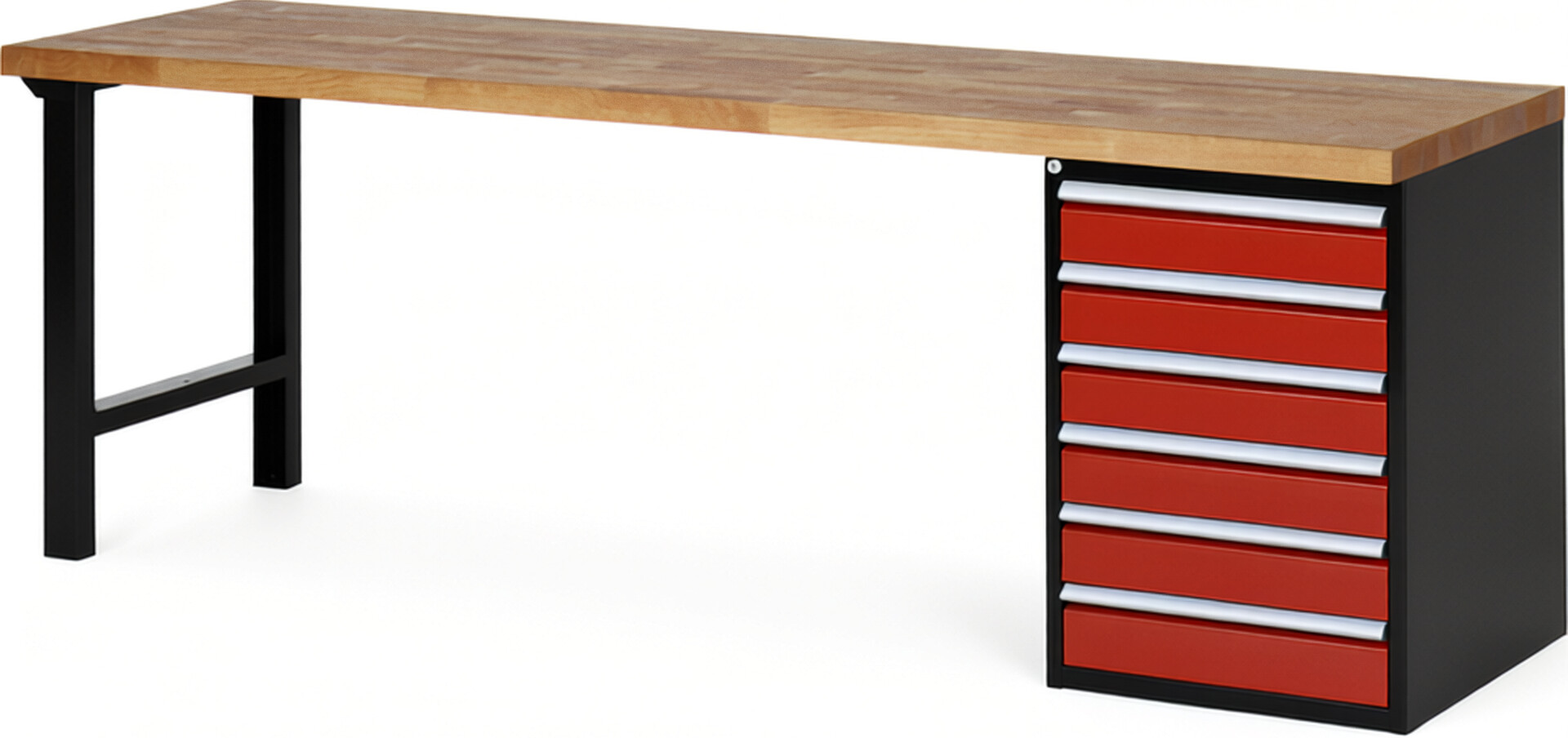 RAU Werkbank schwarz - rot - Breite 250 cm - Tiefe 70 cm - Höhe 84 cm - Buche-Massiv Arbeitsplatte 40 mm