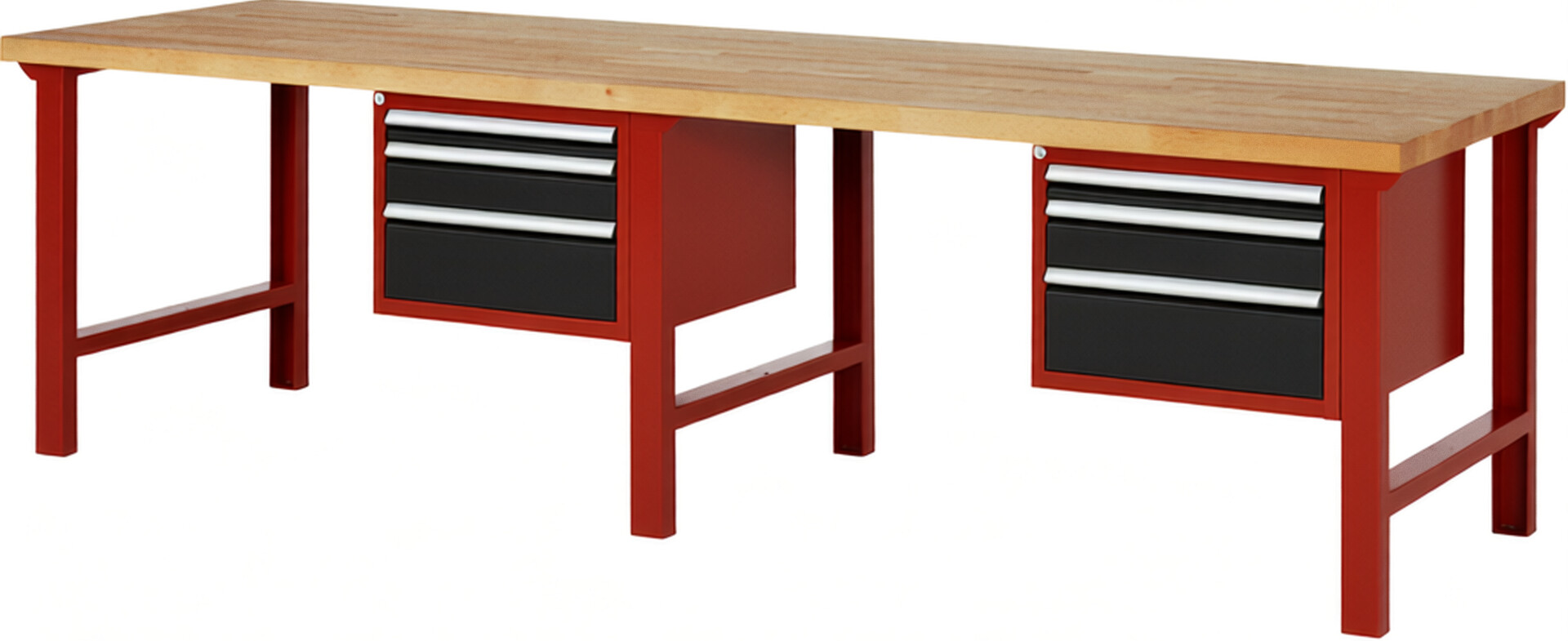 Werkbank Modell 7126 rot - schwarz, BxTxH 3000x900x840 mm,  Buche-Massiv Arbeitsplatte 40 mm,  6 Schubladen mit  Vollauszug 100 % und  SoftClosing