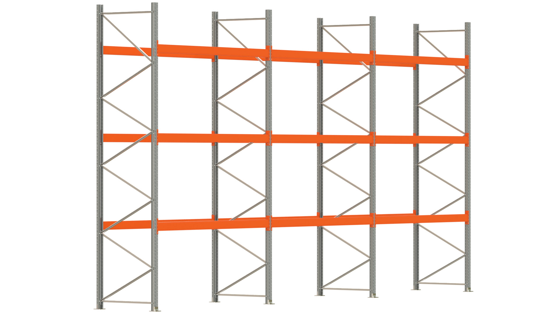 Palettenregal ARTUS - Breite 844 cm - Höhe 450 cm - Tiefe 110 cm - 3 Träger-Ebenen - max. Fachlast 3000 kg - 36 Palettenstellplätze