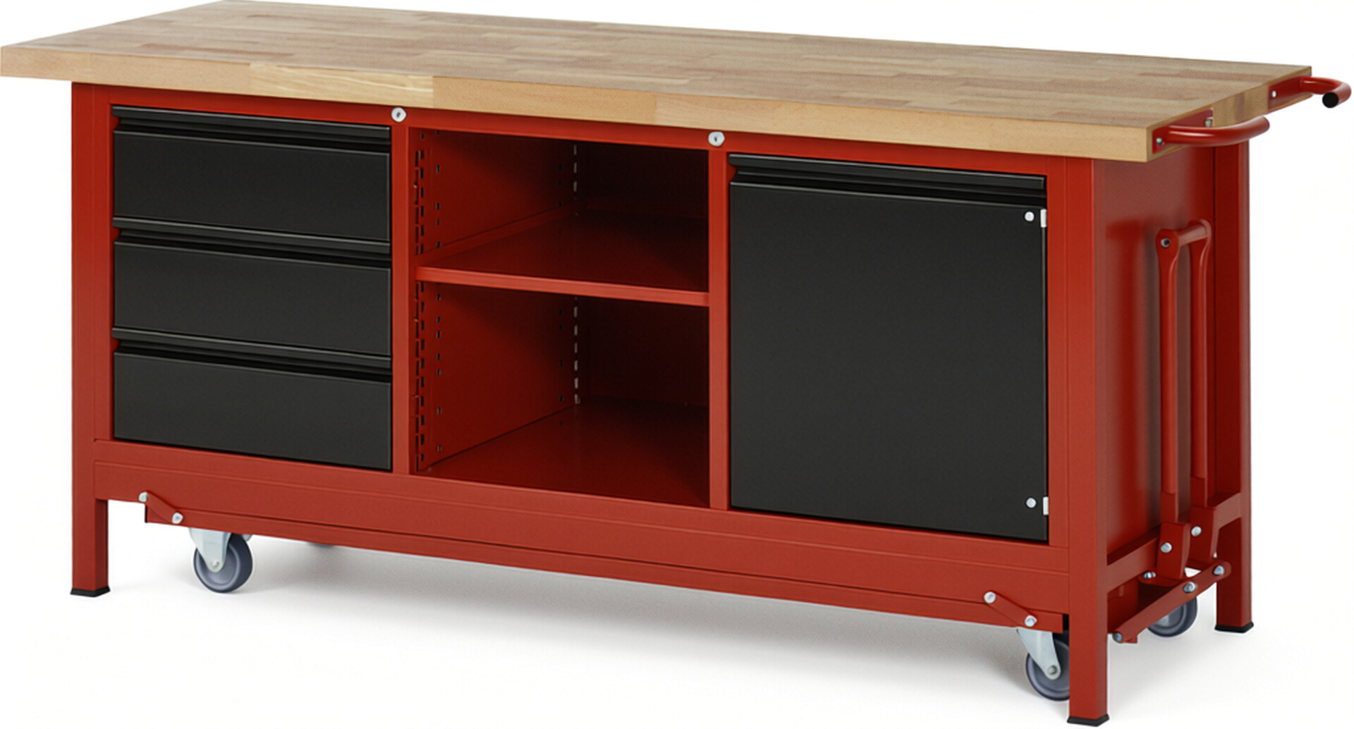 Absenkbare Werkbank - Modell 8563 BASIC rot - schwarz, BxTxH 2000x700x880 mm,  Buche-Massiv Arbeitsplatte 40 mm,  3 Schubladen mit  Auszug 90 %