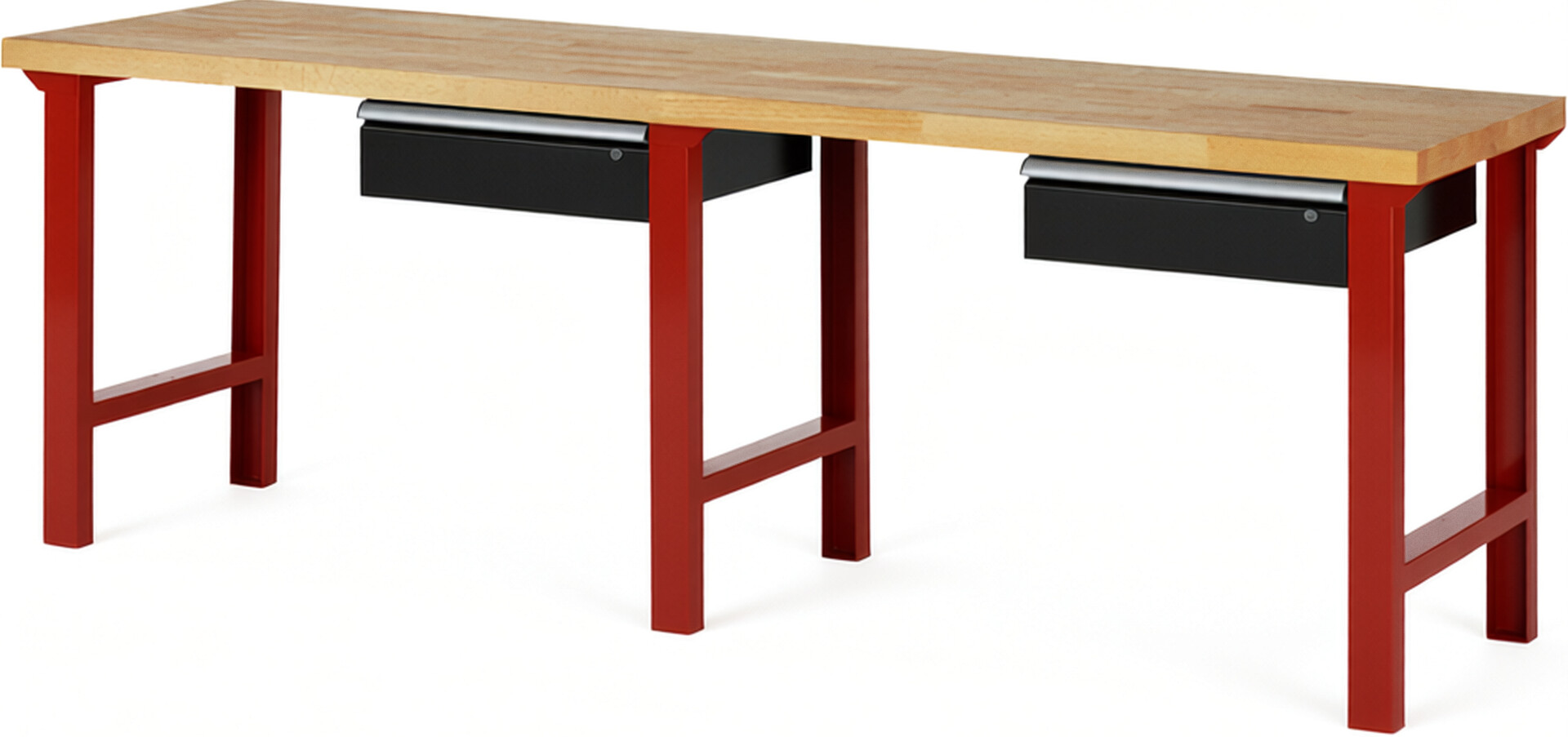 Werkbank Modell 7001 rot - schwarz, BxTxH 2500x700x840 mm,  Buche-Massiv Arbeitsplatte 40 mm,  2 Schubladen mit  Auszug 90 %
