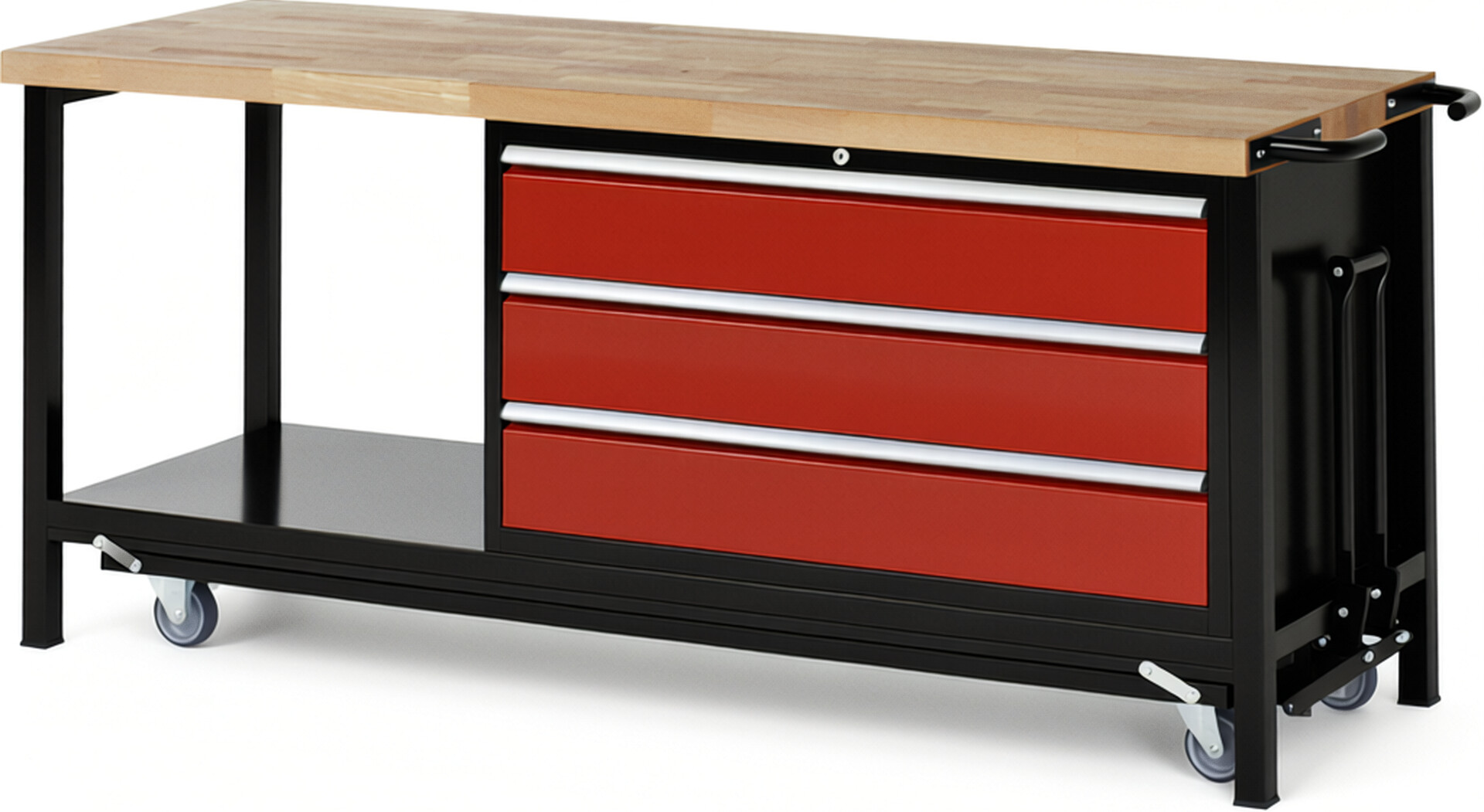 RAU Werkbank schwarz - rot - Breite 200 cm - Tiefe 70 cm - Höhe 88 cm - Buche-Massiv Arbeitsplatte 40 mm