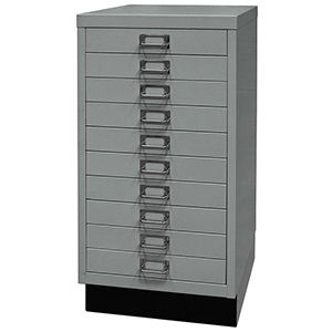 Schubladenschrank aus Stahl, BxTxH 349x432x670 mm, 10 Schubladen 51 mm, DIN A3, Sockel 80 mm hoch, silber