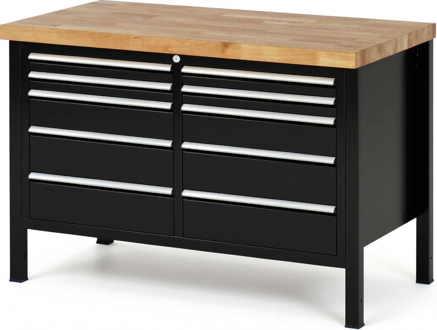 Werkbank Modell 8480 schwarz, BxTxH 1250x700x840 mm,  Buche-Massiv Arbeitsplatte 40 mm,  10 Schubladen mit  Vollauszug 100 % und  SoftClosing