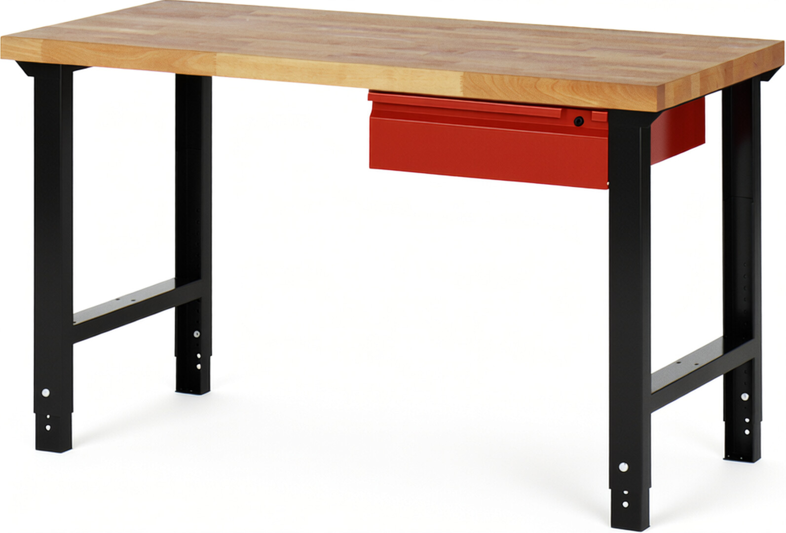 Werkbank schwarz - rot, Breite 150 cm, Tiefe 70 cm, Höhe 114 cm, 1 Schublade(n), Platte: Buche-Massiv-Arbeitsplatte