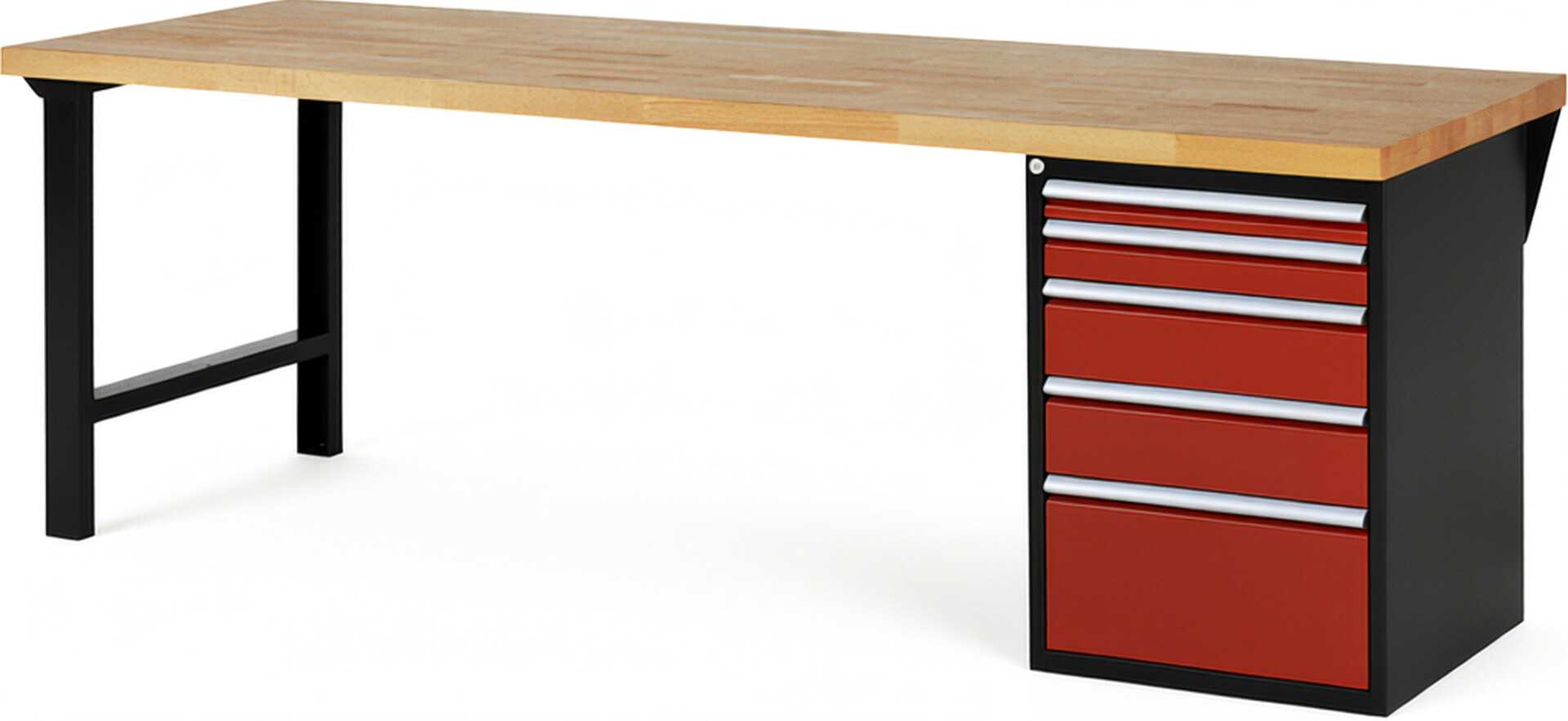 RAU Werkbank schwarz - rot - Breite 250 cm - Tiefe 90 cm - Höhe 89 cm - Buche-Massiv Arbeitsplatte 40 mm