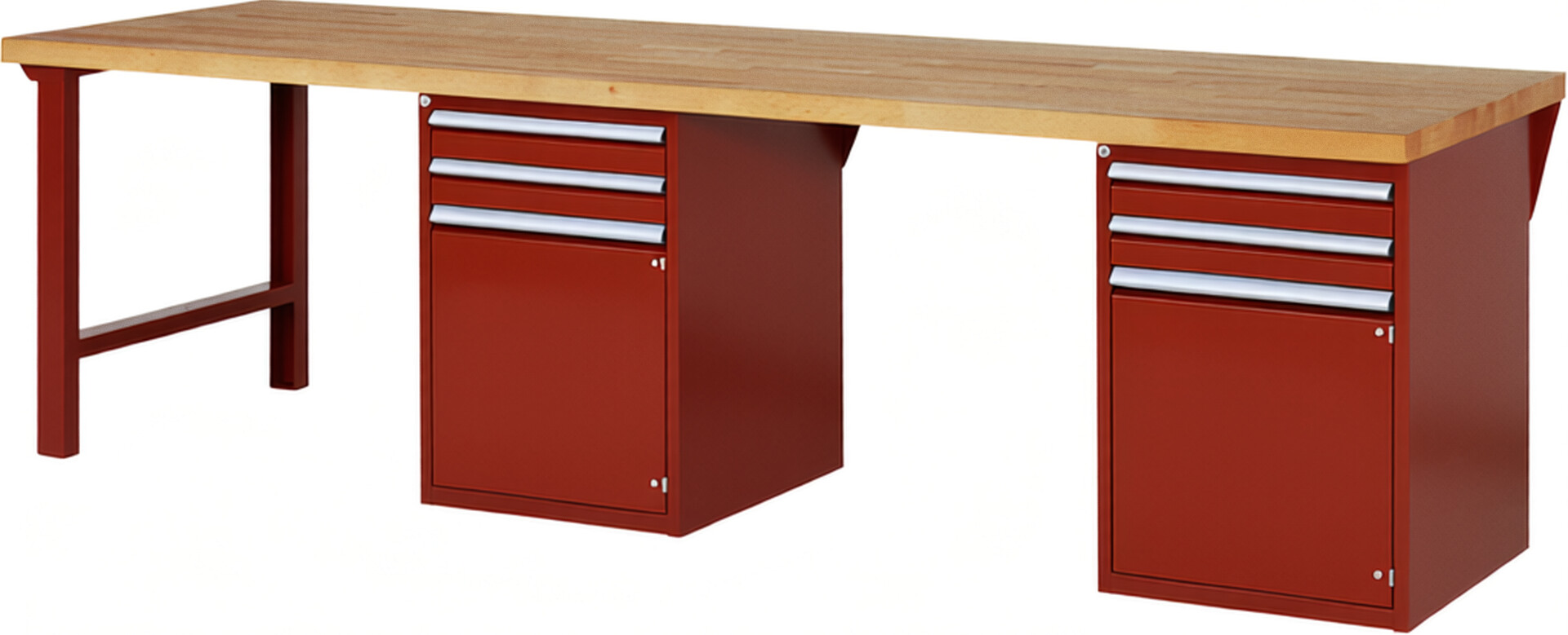 Werkbank Modell 7503 rot, BxTxH 3000x900x890 mm,  Buche-Massiv Arbeitsplatte 40 mm,  4 Schubladen mit  Auszug 90 %