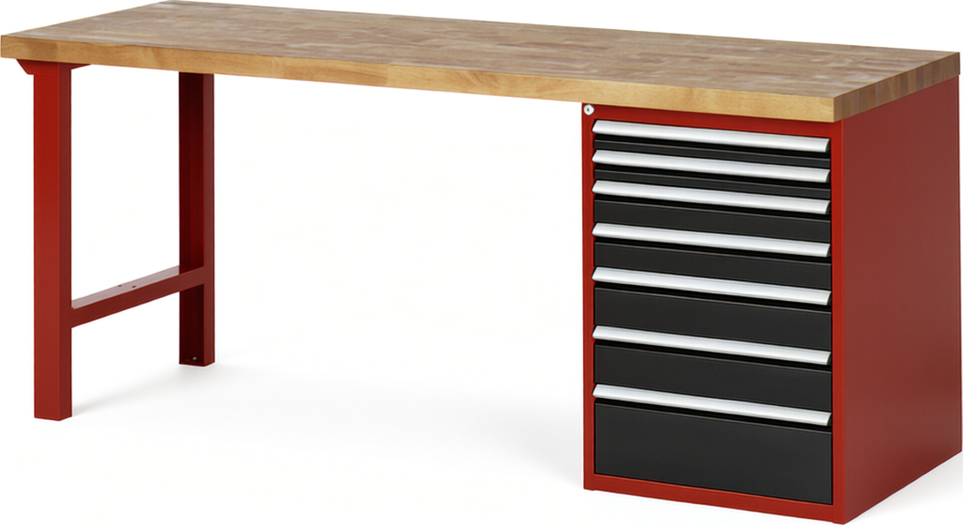 Werkbank Modell 7517 rot - schwarz, BxTxH 2000x700x840 mm,  Buche-Massiv Arbeitsplatte 40 mm,  7 Schubladen mit  Auszug 90 %
