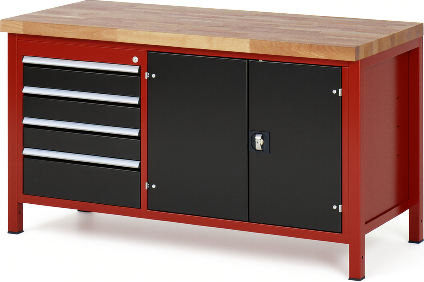 Werkbank Modell 8905 rot - schwarz, BxTxH 1500x700x840 mm,  Buche-Massiv Arbeitsplatte 40 mm,  4 Schubladen mit  Vollauszug 100 % und  SoftClosing
