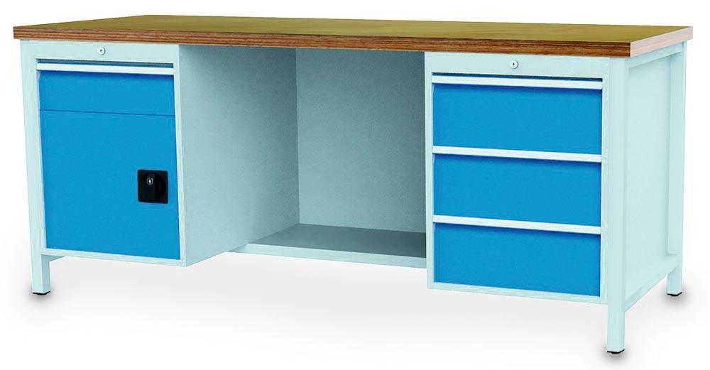 Werkbank, BxTxH 2000x750x859 mm, Platte Buche 40 mm, 1 x Flügeltüre, 1 Stahlfachboden, 4 SchubladenRAL 7035/5012