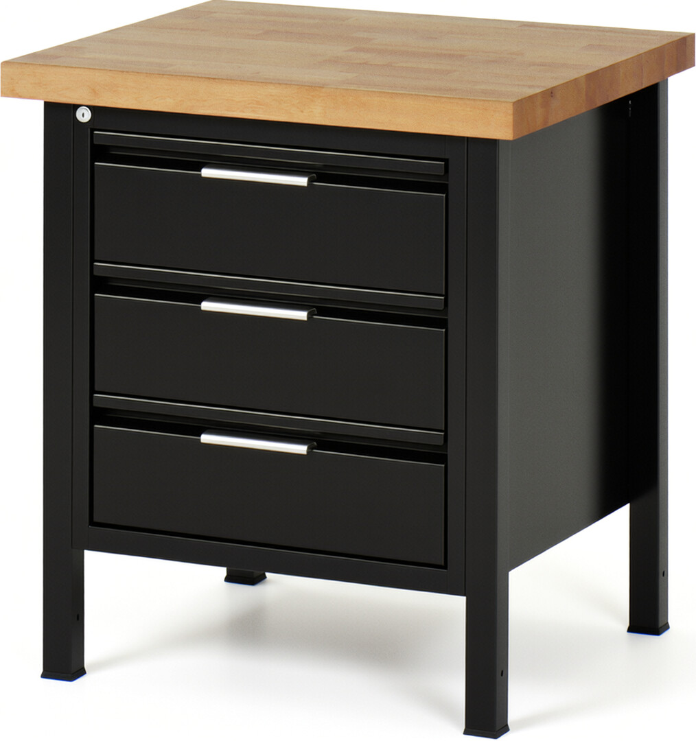 Werkbank schwarz, BxTxH 750x700x840-1040 mm, Platte Buche 40 mm, 6 Schubladen: 3x90 mm, 3x150 mm, RAL 9011/9011