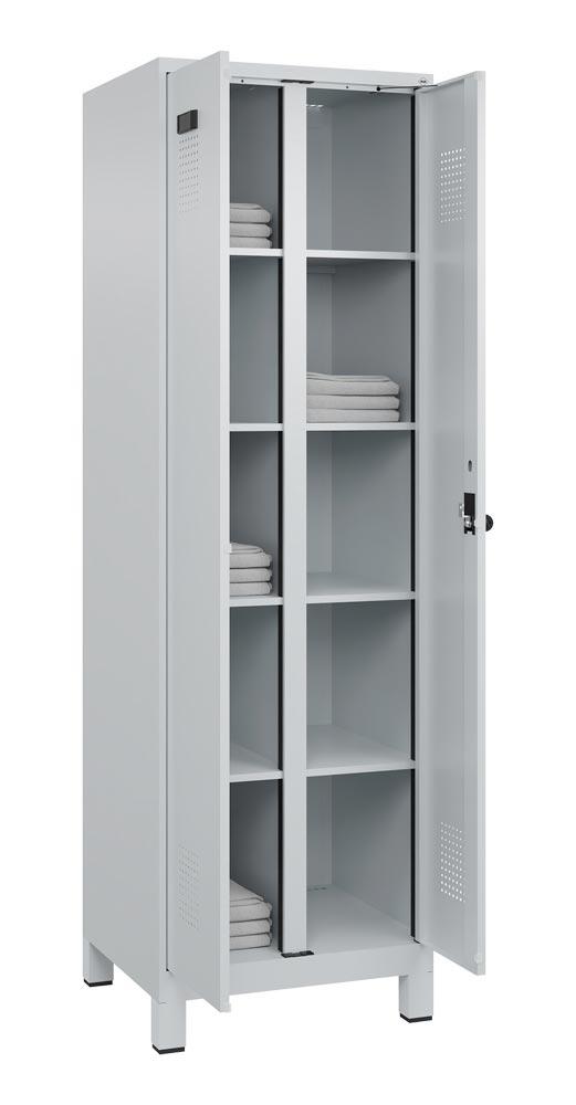 Spind, Kombischrank Premium Plus, BxTxH 600x500x1950 mm, 2 Abteile a 300 mm, mit Füßen, Drehriegel, RAL 7035