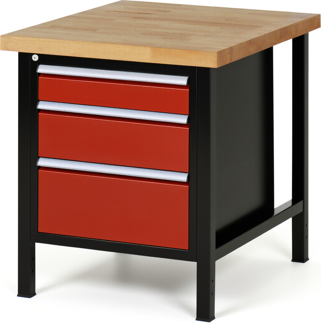 Werkbank Modell 8159 schwarz-rot, BxTxH 750x900x840-1040 mm,  Buche-Massiv Arbeitsplatte 40 mm,  3 Schubladen mit  Vollauszug 100 % und  SoftClosing