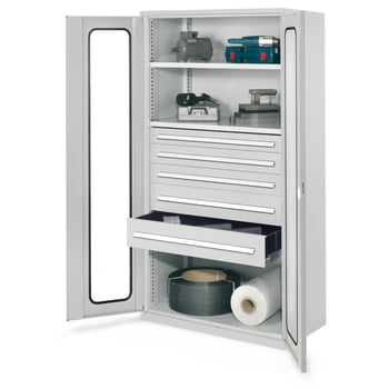 Schwerlastschrank - 2 Böden - 5 Schubladen - 3 Böden - 3 Schubladen - lichtgrau - 1950 x 100 x 600 mm (HxBxT)