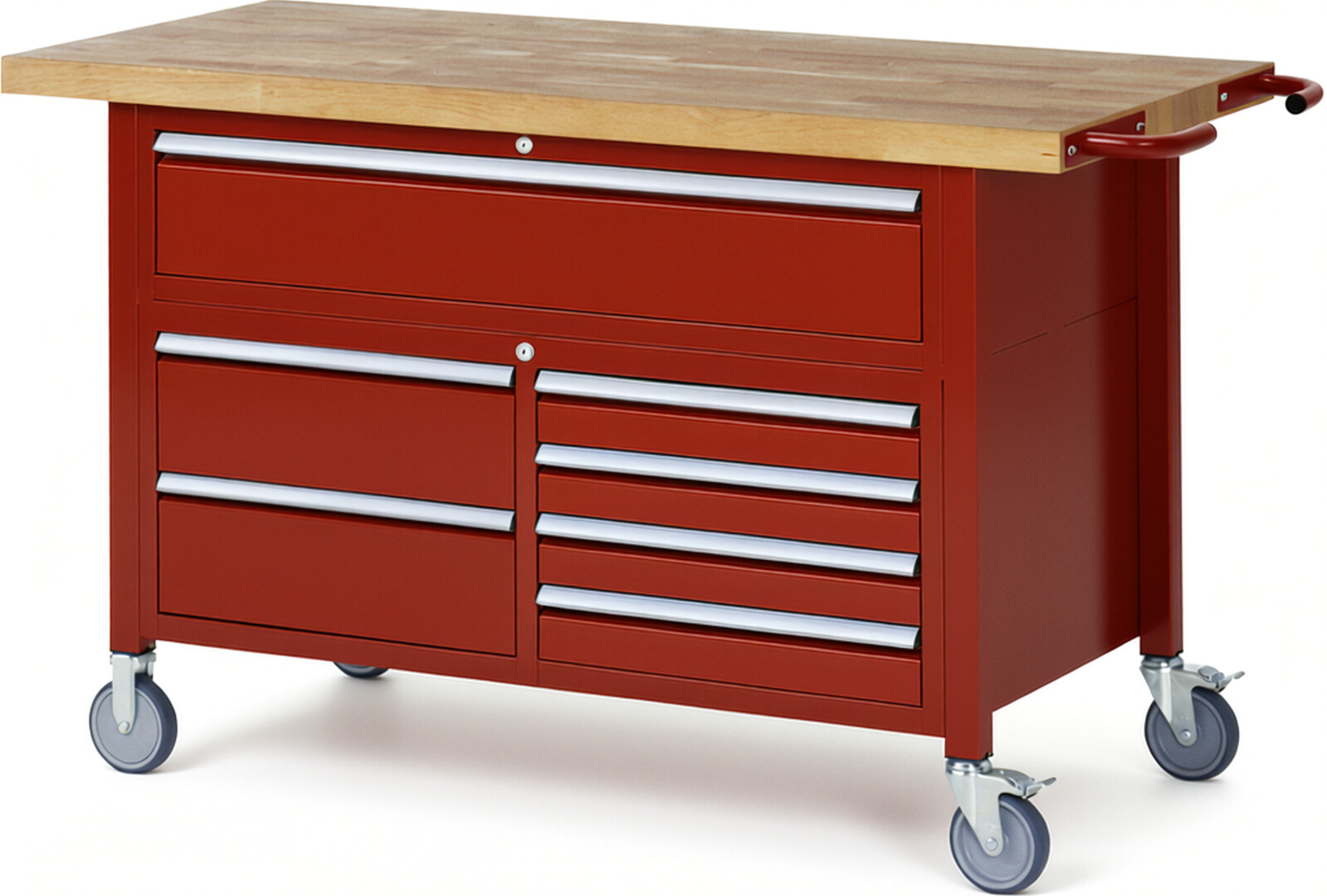 Fahrbare Werkbank Modell 8921 rot, BxTxH 1500x700x920-1120 mm,  Buche-Massiv Arbeitsplatte 40 mm,  7 Schubladen mit  Auszug 90 %
