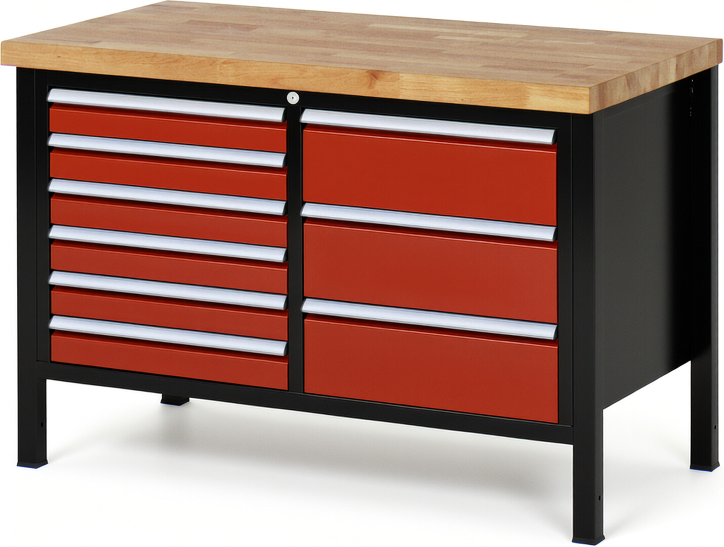 RAU Werkbank schwarz - rot - Breite 125 cm - Tiefe 70 cm - Höhe 104 cm - Buche-Massiv Arbeitsplatte 40 mm