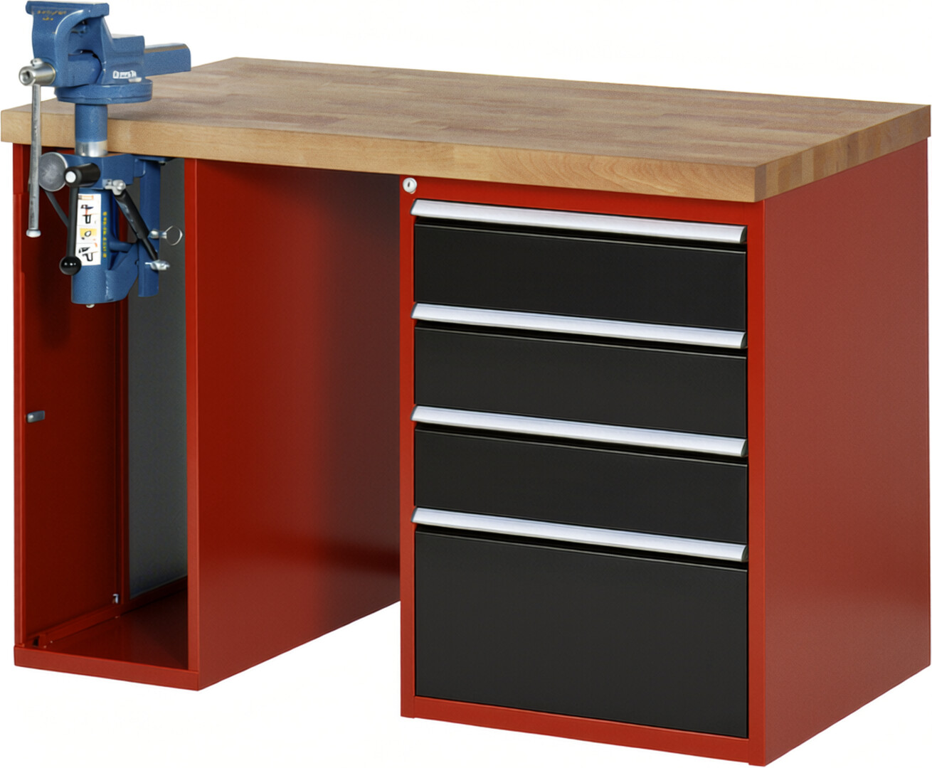 Werkbank Modell 7510 rot - schwarz, BxTxH 1250x700x840 mm,  Buche-Massiv Arbeitsplatte 40 mm,  4 Schubladen mit  Auszug 90 %