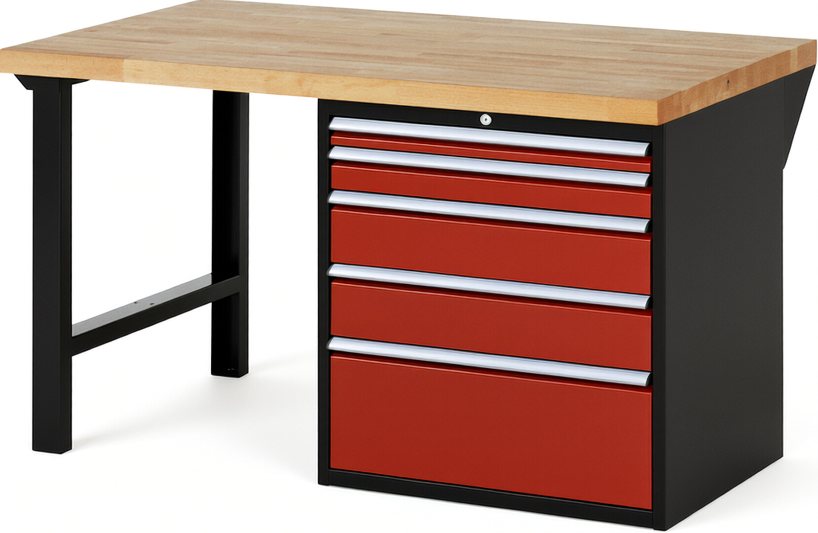 RAU Werkbank schwarz - rot - Breite 150 cm - Tiefe 90 cm - Höhe 84 cm - Buche-Massiv Arbeitsplatte 40 mm