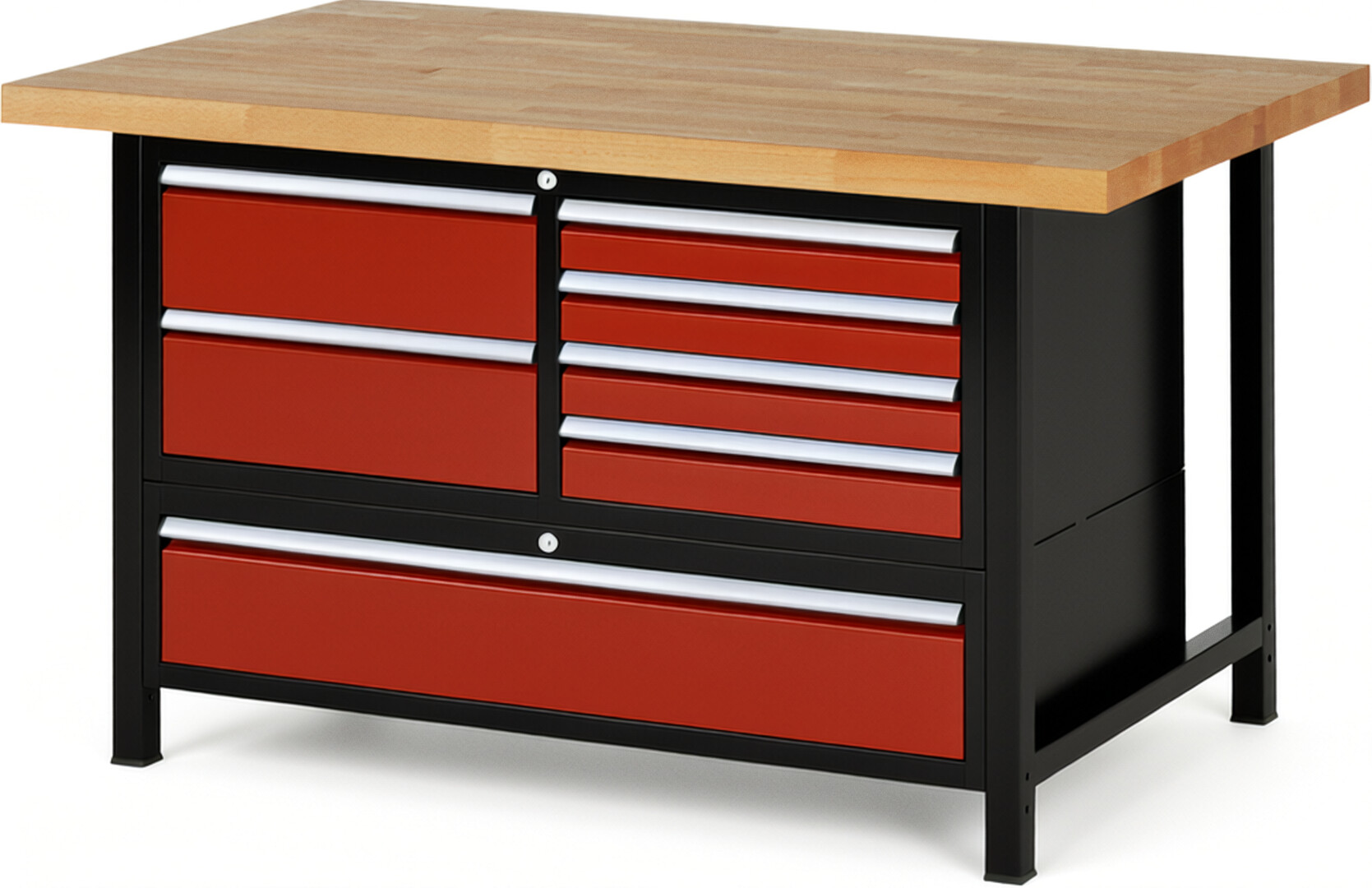 RAU Werkbank schwarz - rot - Breite 150 cm - Tiefe 90 cm - Höhe 104 cm - Buche-Massiv Arbeitsplatte 40 mm